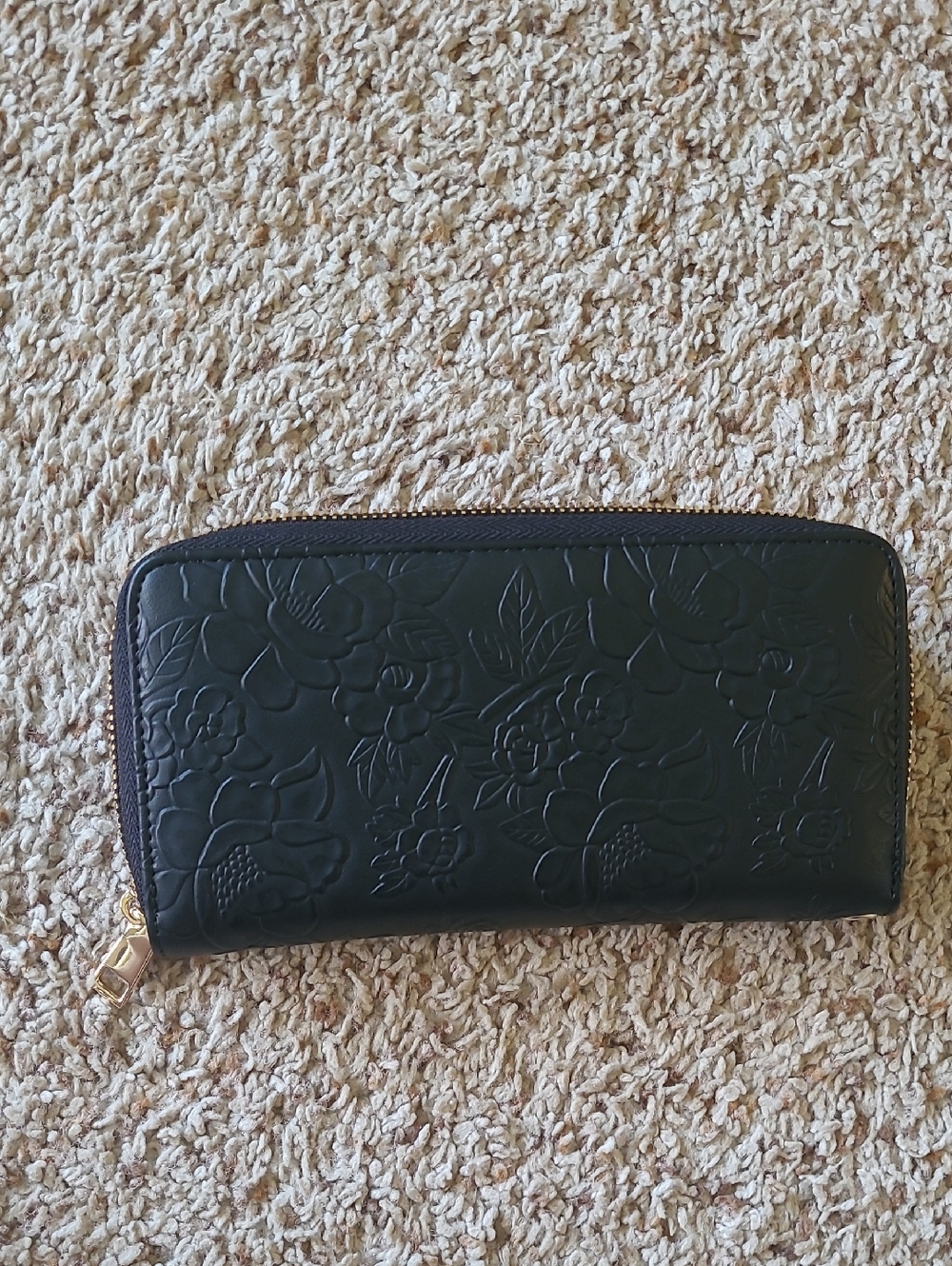 Embossed Floral Zip-Around Wallet - Black